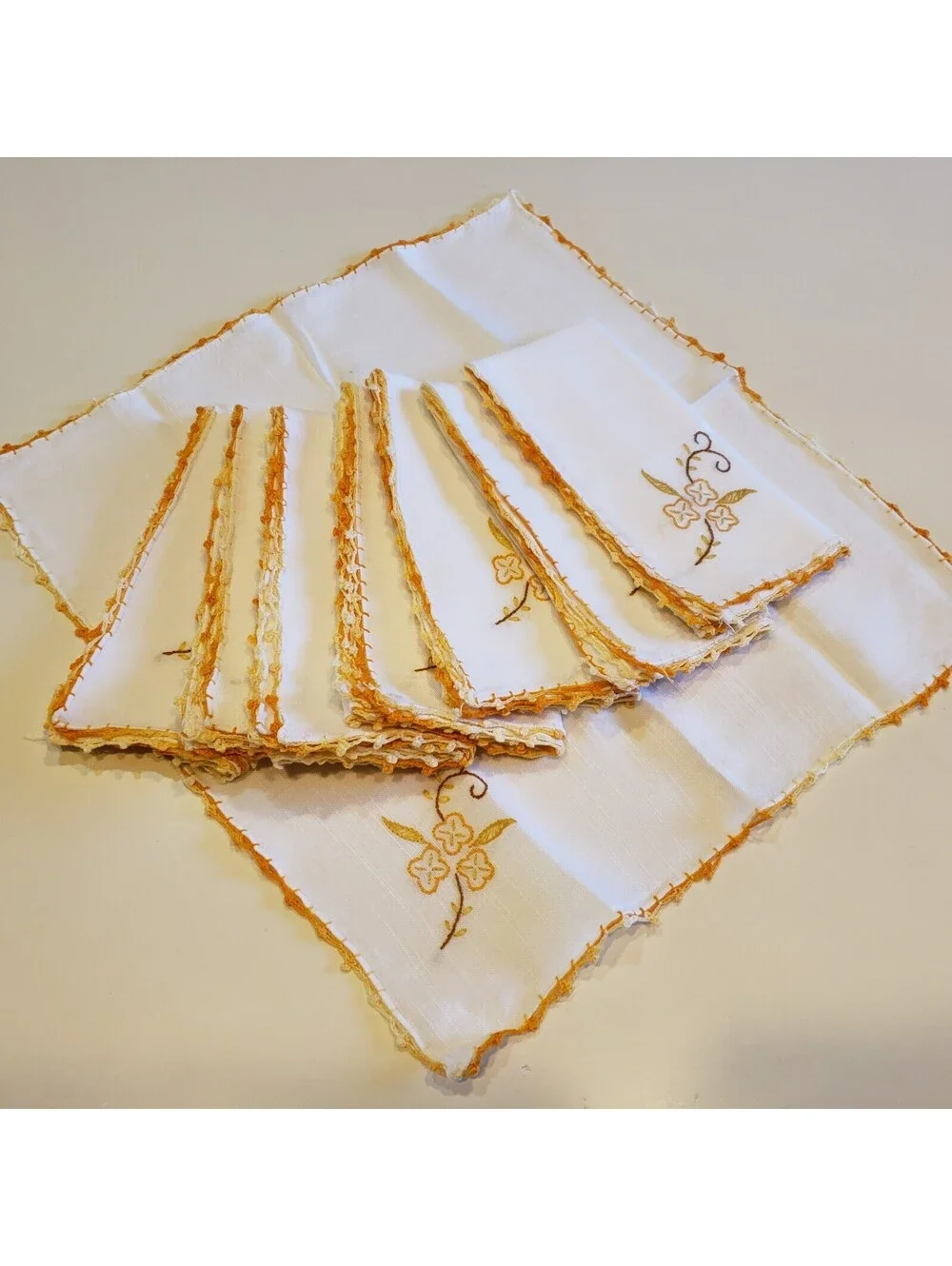 Vintage Linen Napkins Crocheted Embroidered QTY 8 Orange Trim Floral